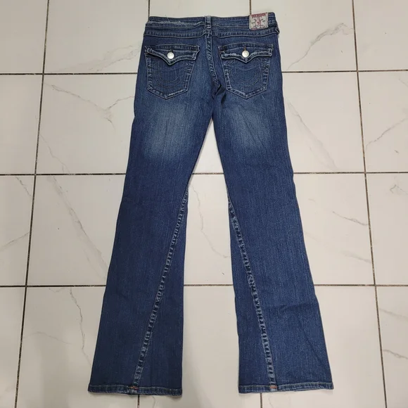 True Religion Bridget Dark Blue Flare Jeans Size 28 Pockets Y2K Grunge Bikercore - Picture 2 of 4